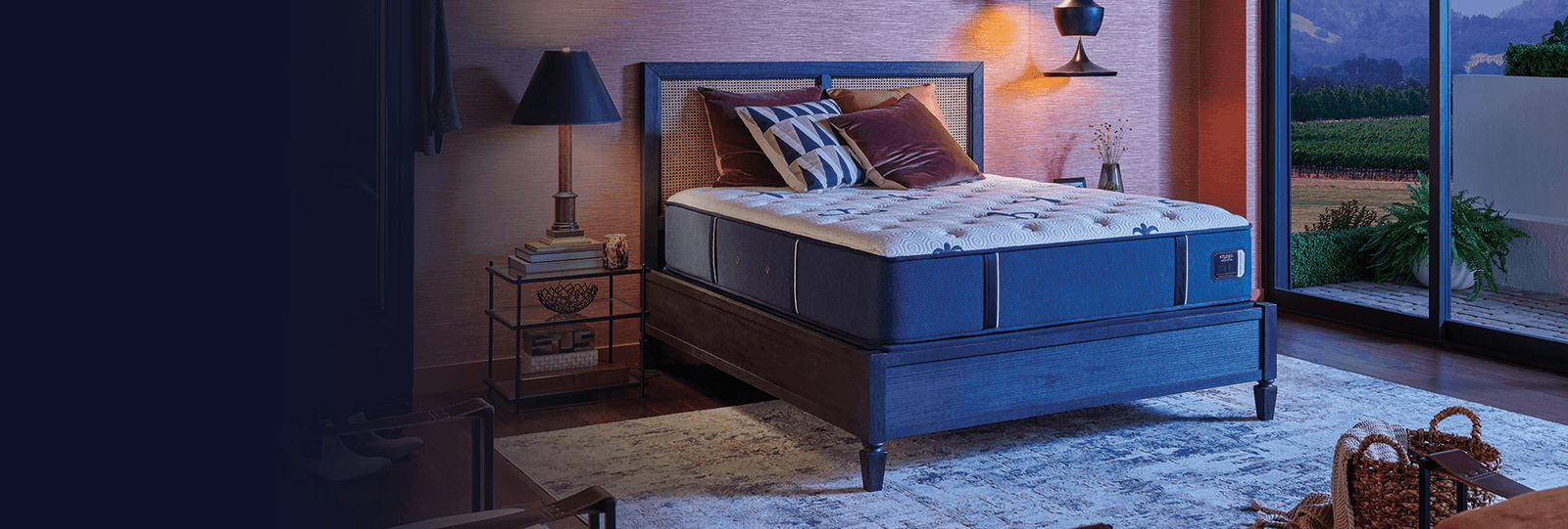 Desktop image of bare Stearns and Foster mattress in a decorated room